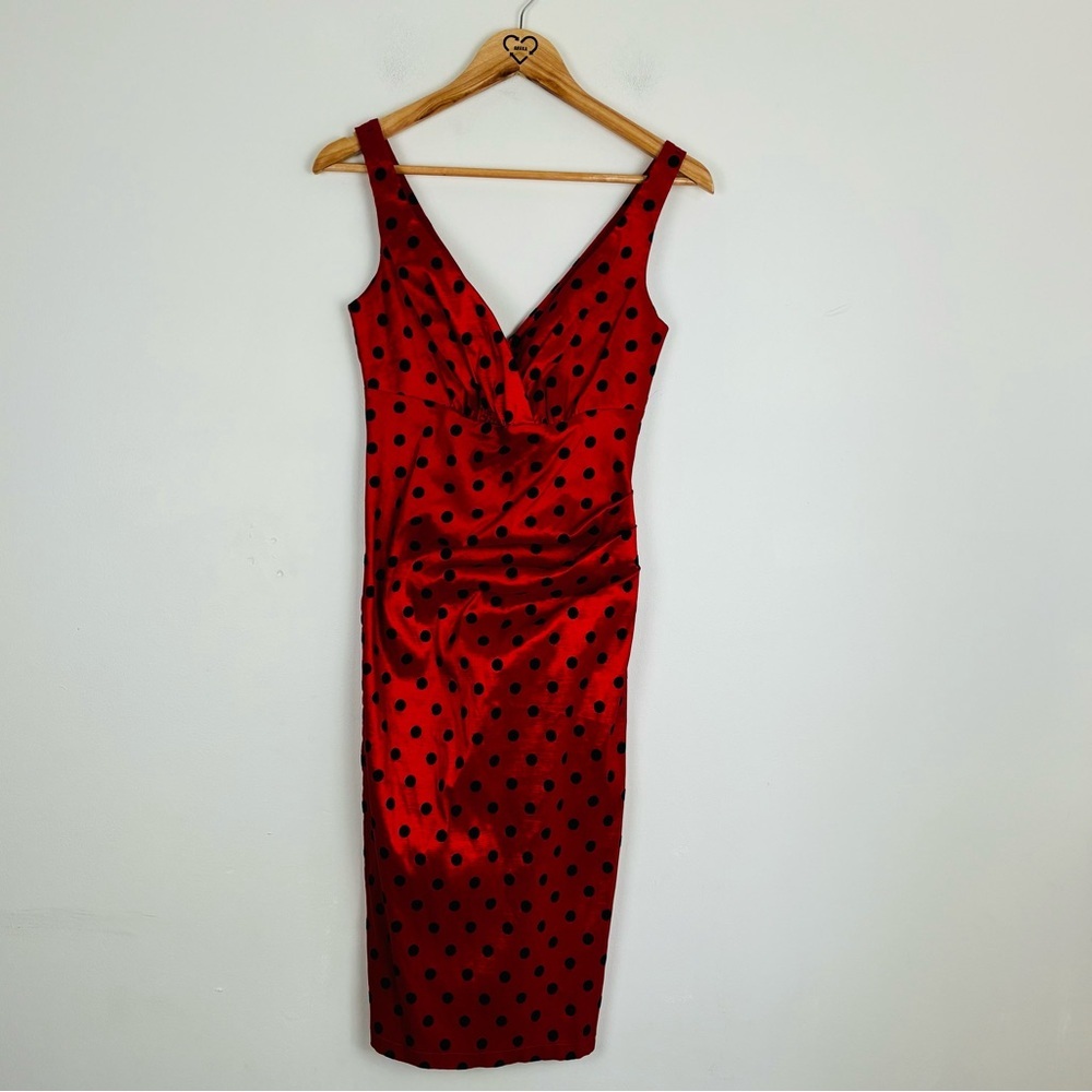 Voodoo Vixen red stretch satin black polka dot retro pin up wiggle midi dress. M - Picture 2 of 7